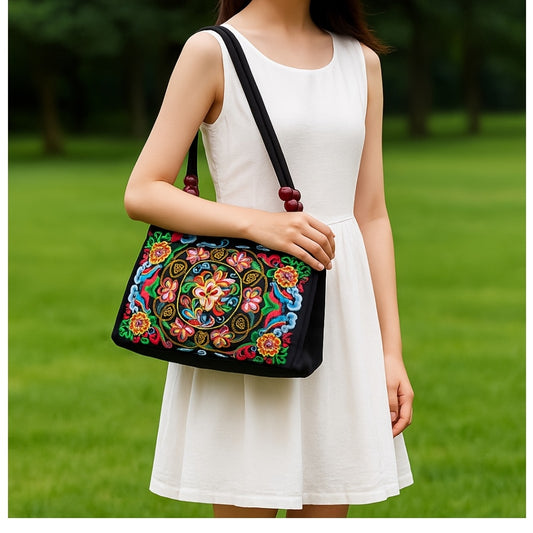 Ethnic Style Double-Sided Embroidered Handbag with Wooden Bead Handles & Dual Zipper Closure - Vibrant Floral Mandala Design on Durable Fabric Purse for Women, Casual & Formal Events, Intricate Embroidery
