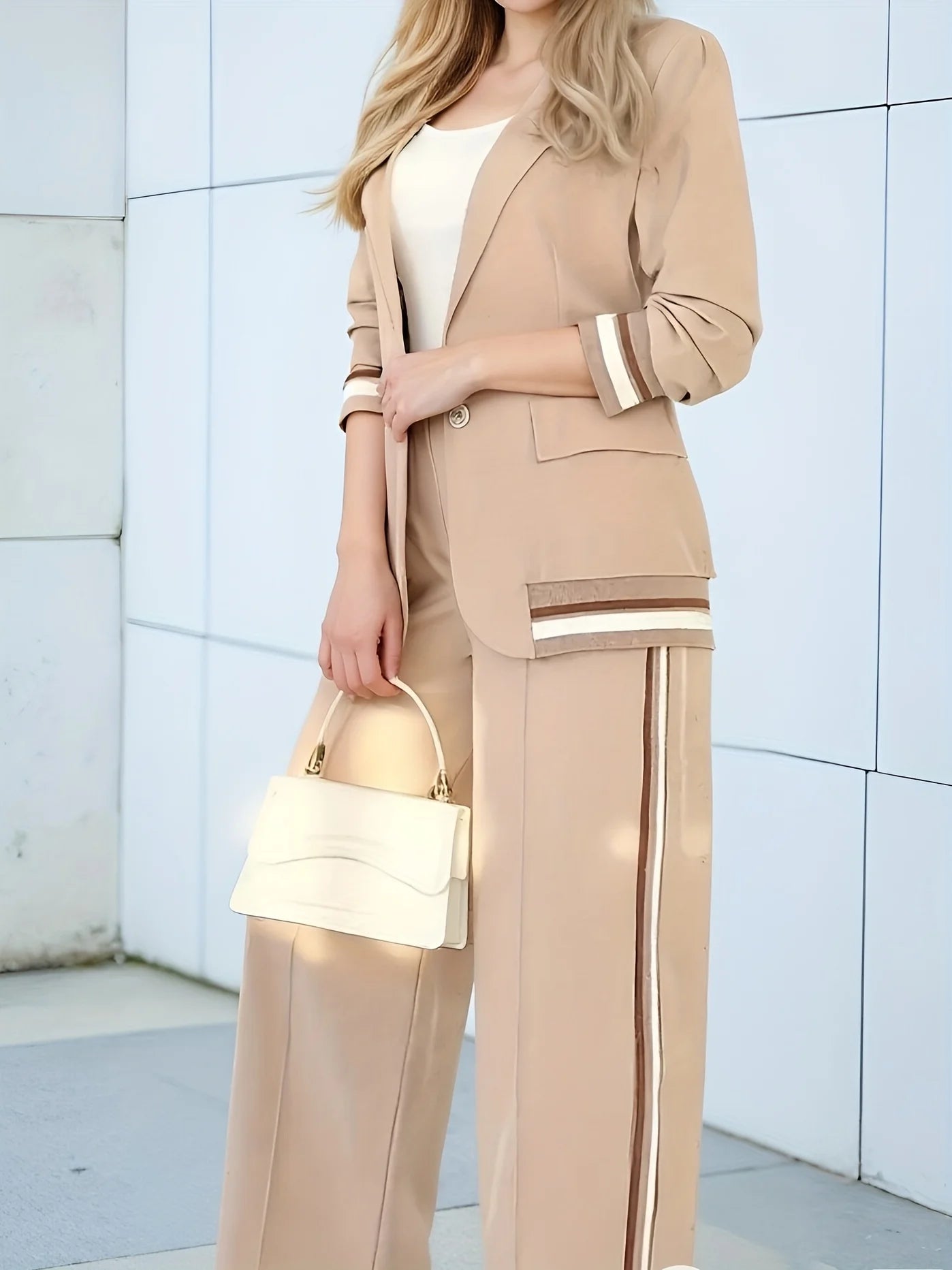Women's Beige Suit Set with Striped Details: Elegant and Office - Appropriate