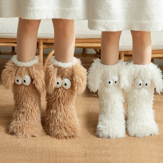 Women's Men Winter Kawaii Big Eyes Slipper Socks with Puppy Ears Cartoon Non-slip Floor Socks Warm Thickened Coral Stockings 