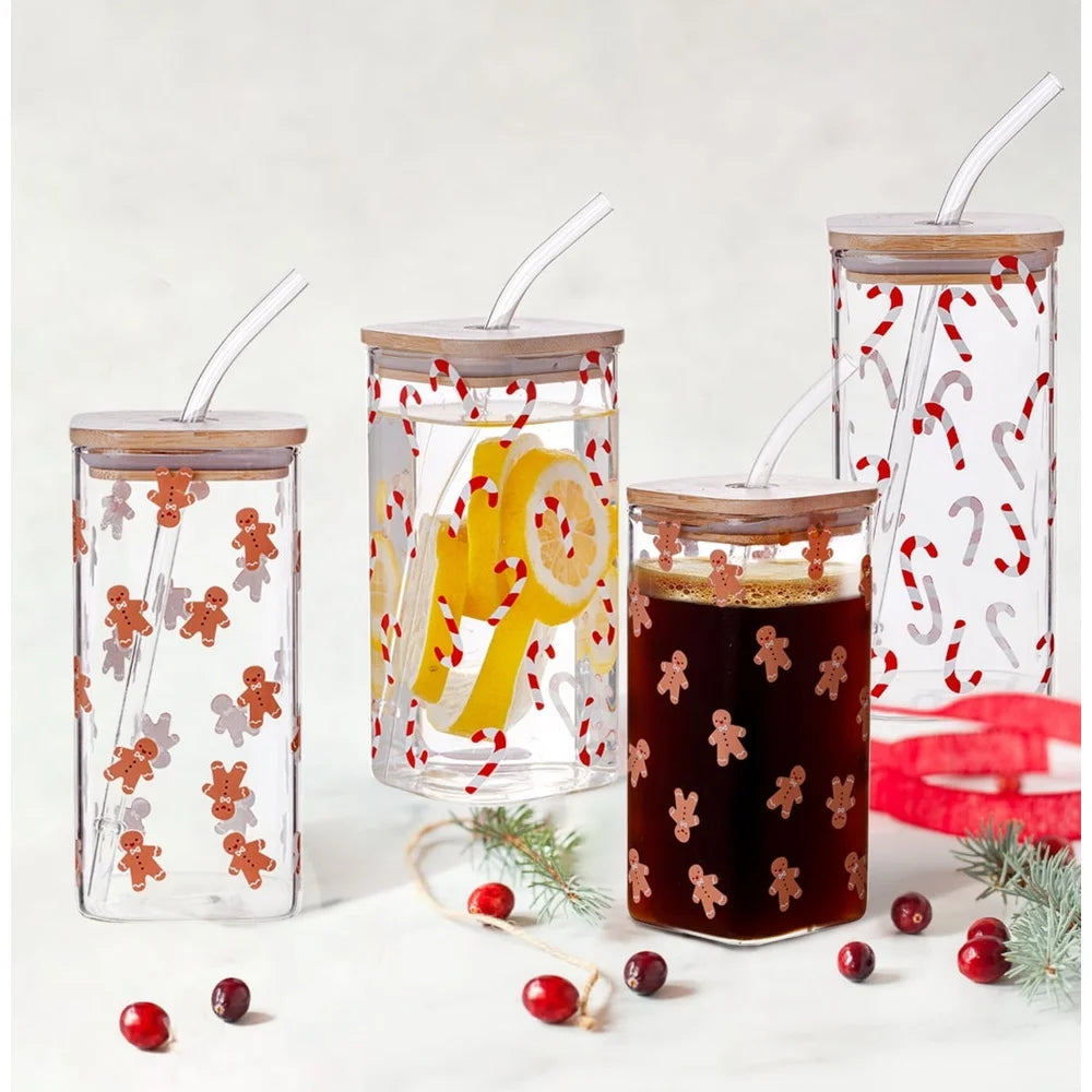 Gingerbread Man Candy Cane Clear Glass Sipper Set 4pack Durable Borosilicate Square Mug with Bamboo Lid and Straw Holiday