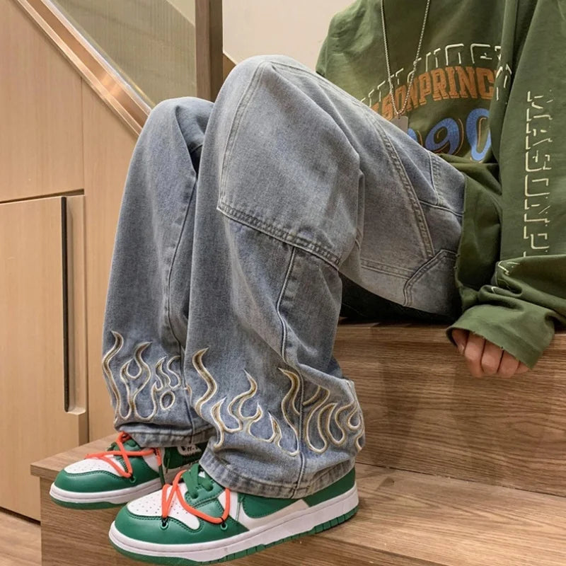 Men's Y2K Flame Pattern Wide Leg Jeans Casual Hip Hop Aesthetic Denim Pants Baggy Straight Leg Relaxed Fit Trousers