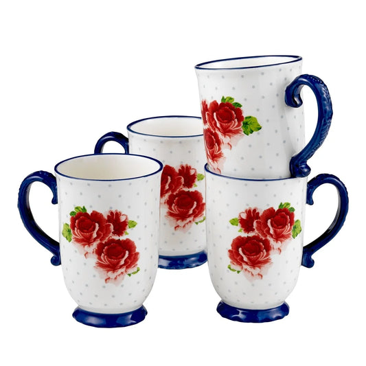 Heritage Floral Coffee Mug Set 4-Piece Stoneware Tea Cups Dishwasher Microwave Safe Rustic Kitchen Gift