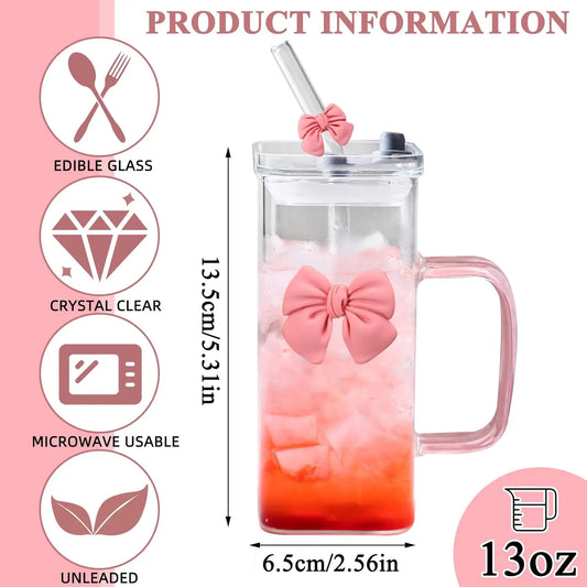 13Oz Square Glass Cups with Lids and Straws,Heat Resistant Glass Tumbler with Handle Bow Knot Transparent Drinking Glasses for W