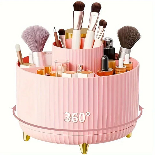 360° Rotating Makeup Organizer - 1pc Plastic Cosmetic Storage with 5 Compartments - Multi-Functional Holder for Brushes