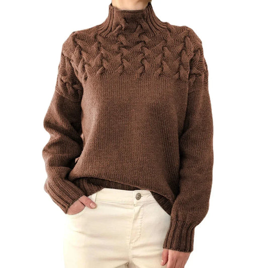 Amazon Cross-Border Inventory Women's Fashionable Cable Knit Details Polo/Turtle Neck Long Sleeve Sweater from China Mainland