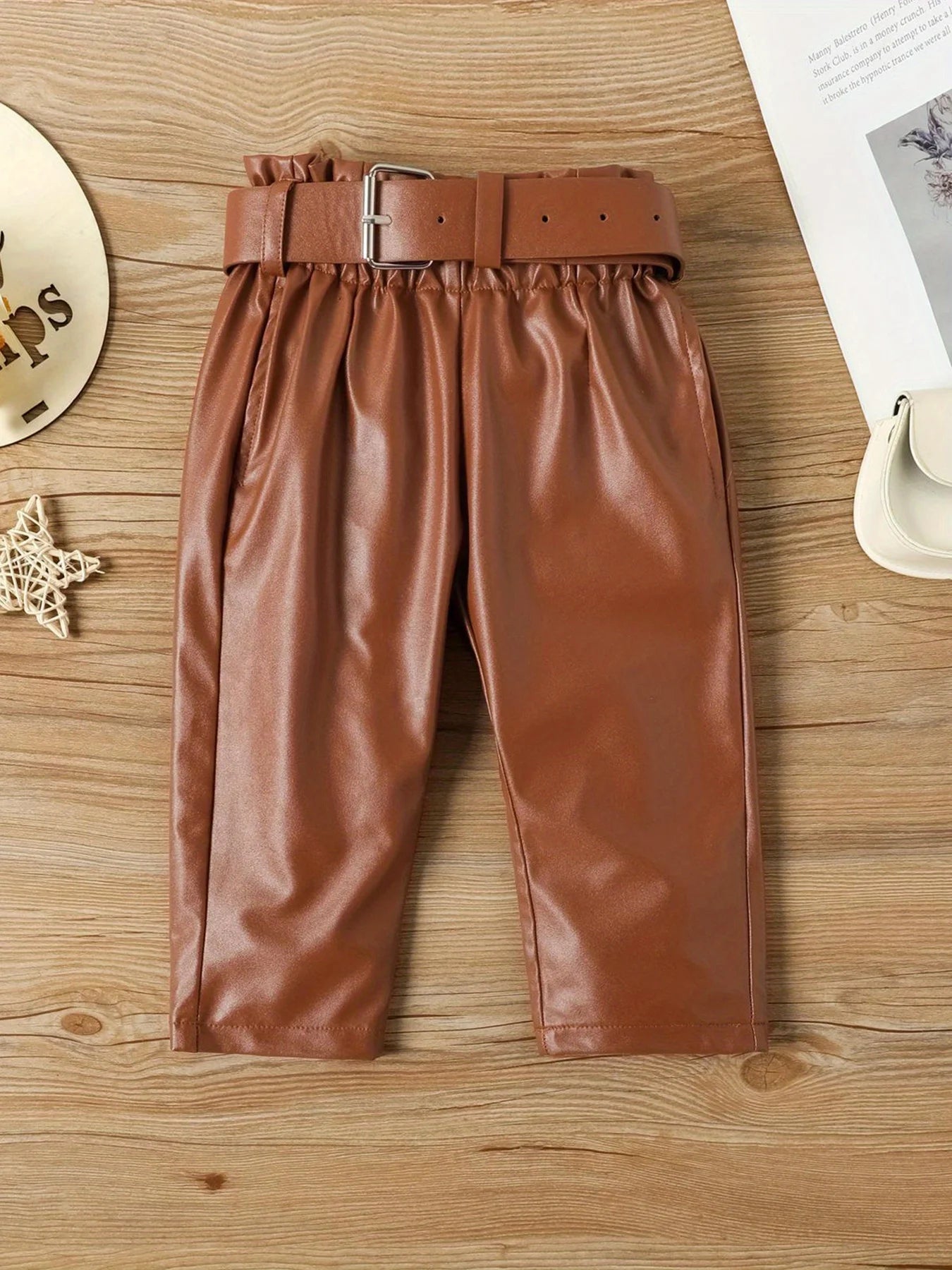 Girls Fall/Winter Casual Outfit Set - Long Sleeve Ruffled Blouse + Brown Belted Pants + White Ankle Boots