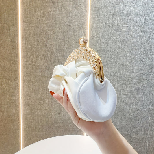Elegant White Mini Clutch with Golden Rhinestone Crown, Removable Shoulder Strap, and Pearl Accents - Perfect for Evening Parties, Banquets, and Special Occasions, Ladies' Handbag