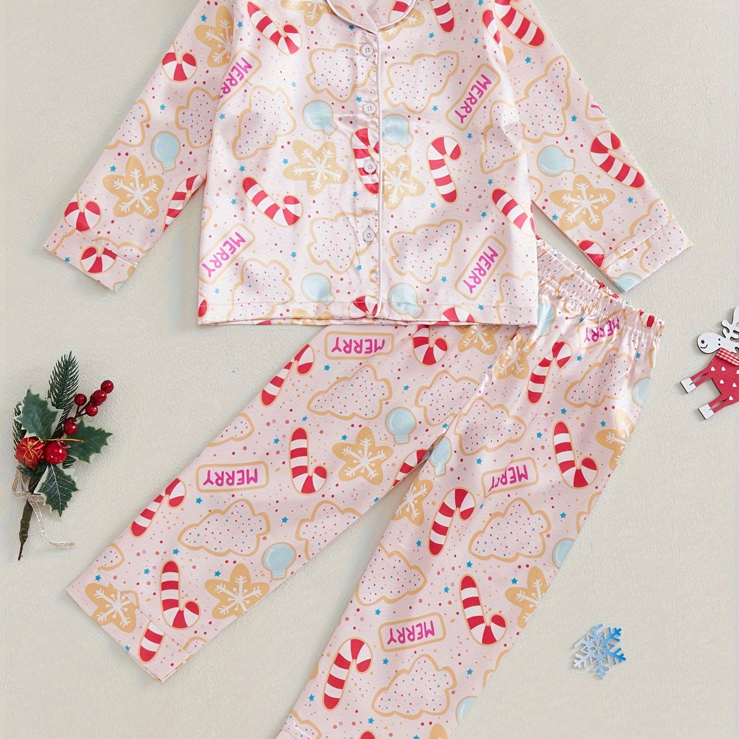 Kids Christmas Pajama Sets Gingerbread Man/Candy Cane Print Lapel Neck Button-up Tops Long Pant Loungewear