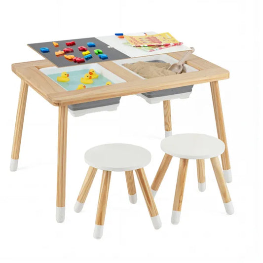 All-in-One Kids Activity Table And Chairs Set, Pine Wood Sensory Table With Foldable Storage Bins For Ages 3+