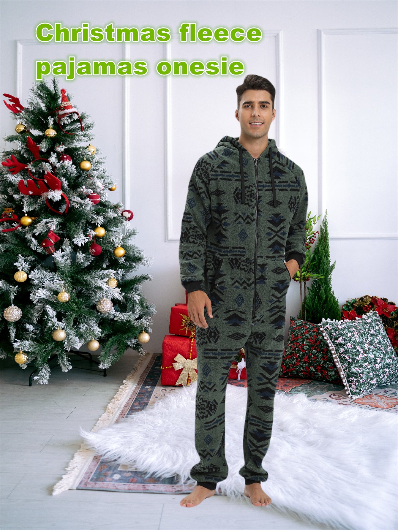 [Plush Zipup Hoodie] Cozy Warm Plush Zipup Hoodie - Men's Heavy-Duty Full-Zip Thermal Insulated Onesie for Cold Weather, Christmas Costume & Everyday Indoor/Outdoor Use