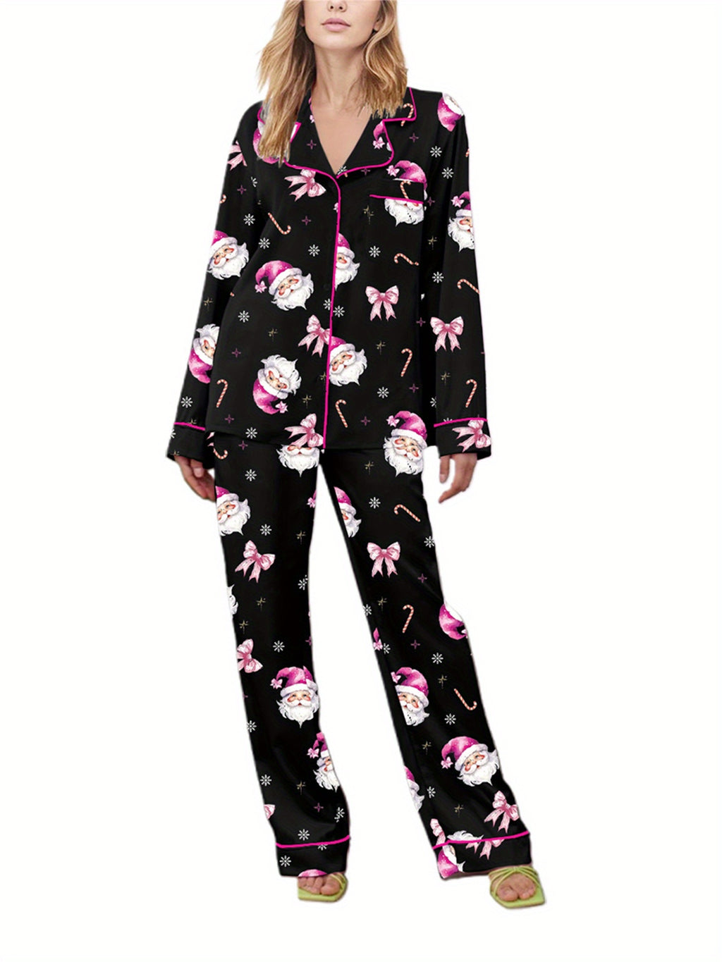 Women Christmas Pajama Set, Santa Claus Print Long Sleeve Shirt with Pants Sleepwear Loungewear