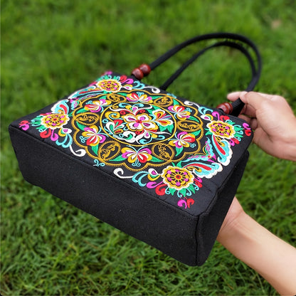 Ethnic Style Double-Sided Embroidered Handbag with Wooden Bead Handles & Dual Zipper Closure - Vibrant Floral Mandala Design on Durable Fabric Purse for Women, Casual & Formal Events, Intricate Embroidery