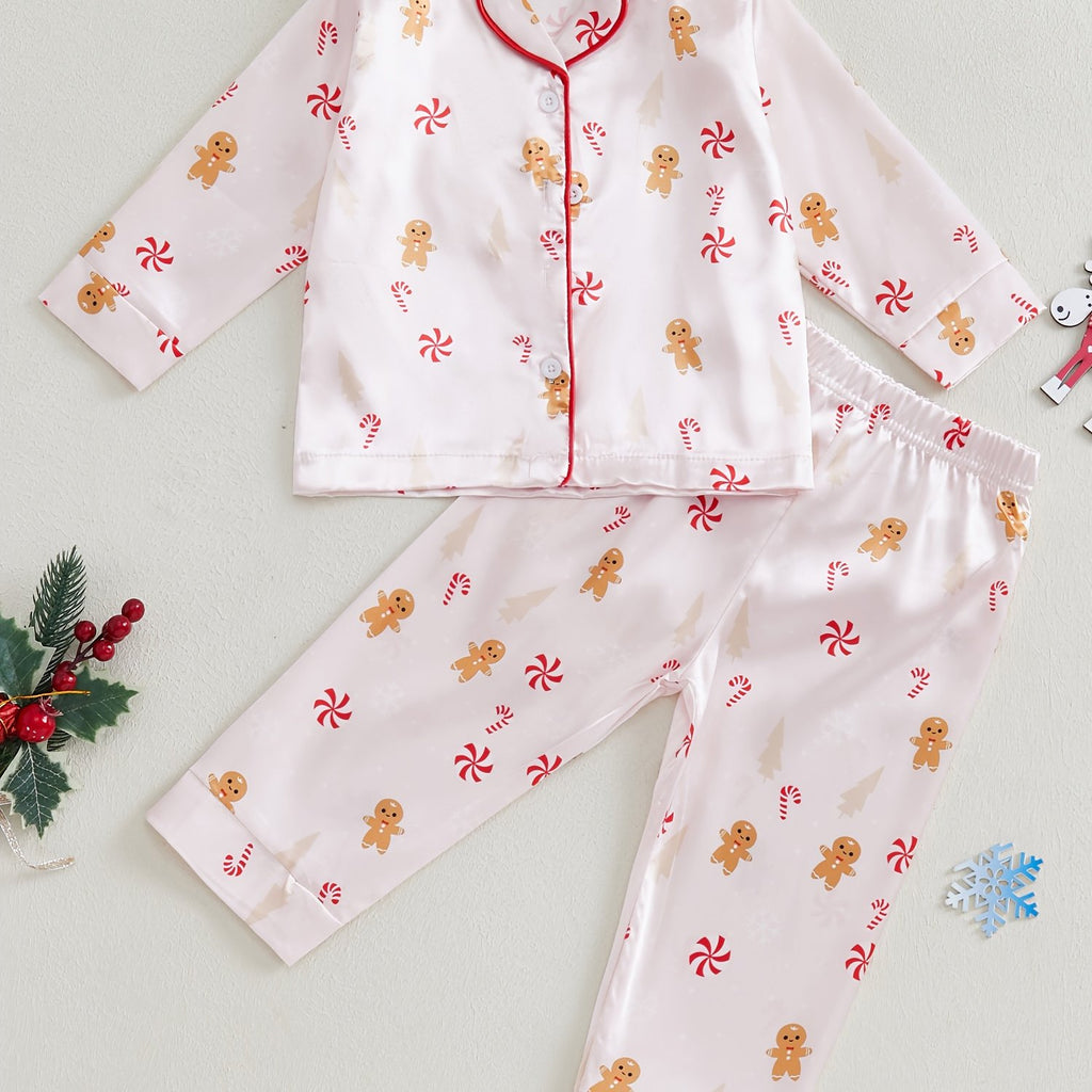 Kids Christmas Pajama Sets Gingerbread Man/Candy Cane Print Lapel Neck Button-up Tops Long Pant Loungewear