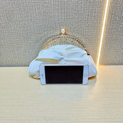 Elegant White Mini Clutch with Golden Rhinestone Crown, Removable Shoulder Strap, and Pearl Accents - Perfect for Evening Parties, Banquets, and Special Occasions, Ladies' Handbag