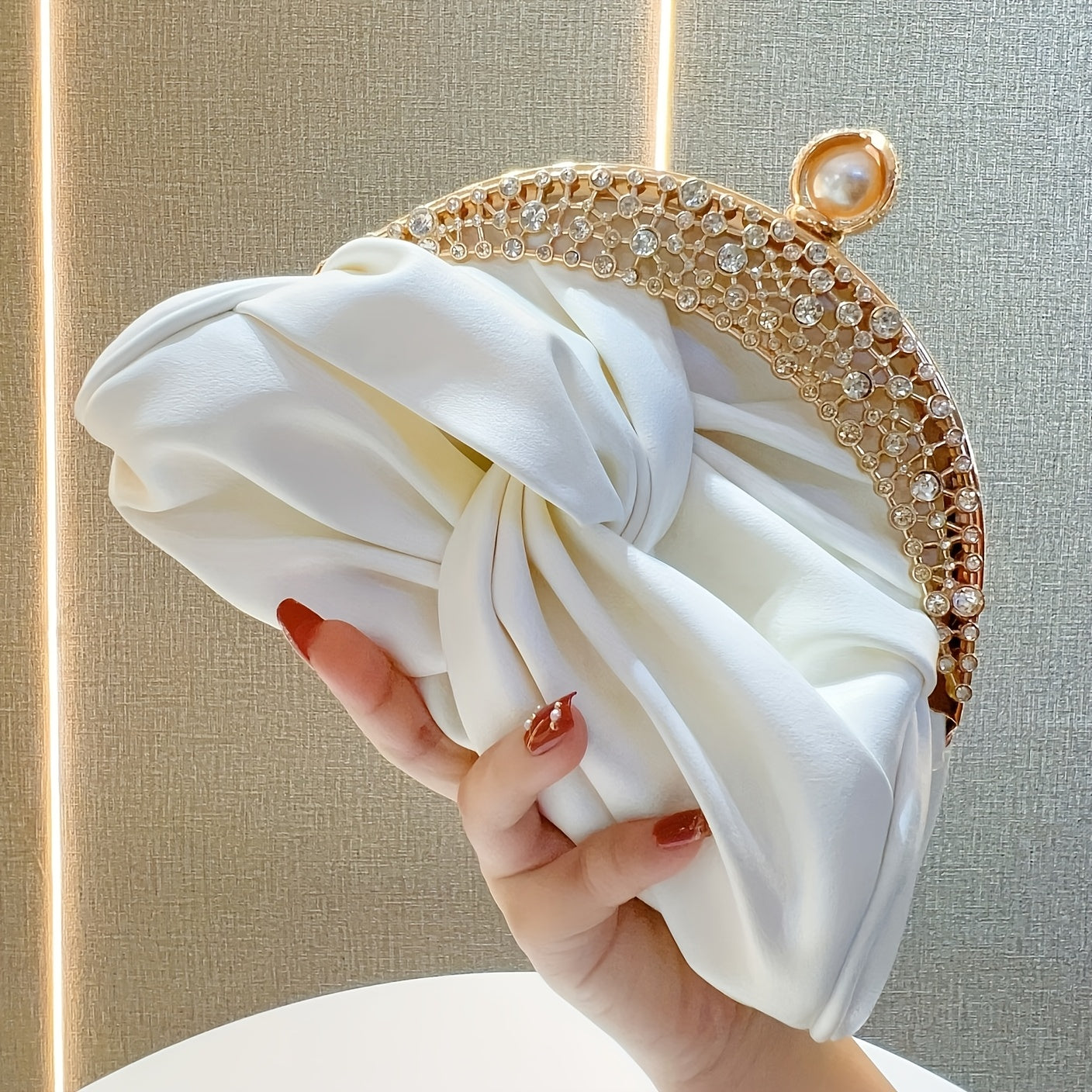 Elegant White Mini Clutch with Golden Rhinestone Crown, Removable Shoulder Strap, and Pearl Accents - Perfect for Evening Parties, Banquets, and Special Occasions, Ladies' Handbag