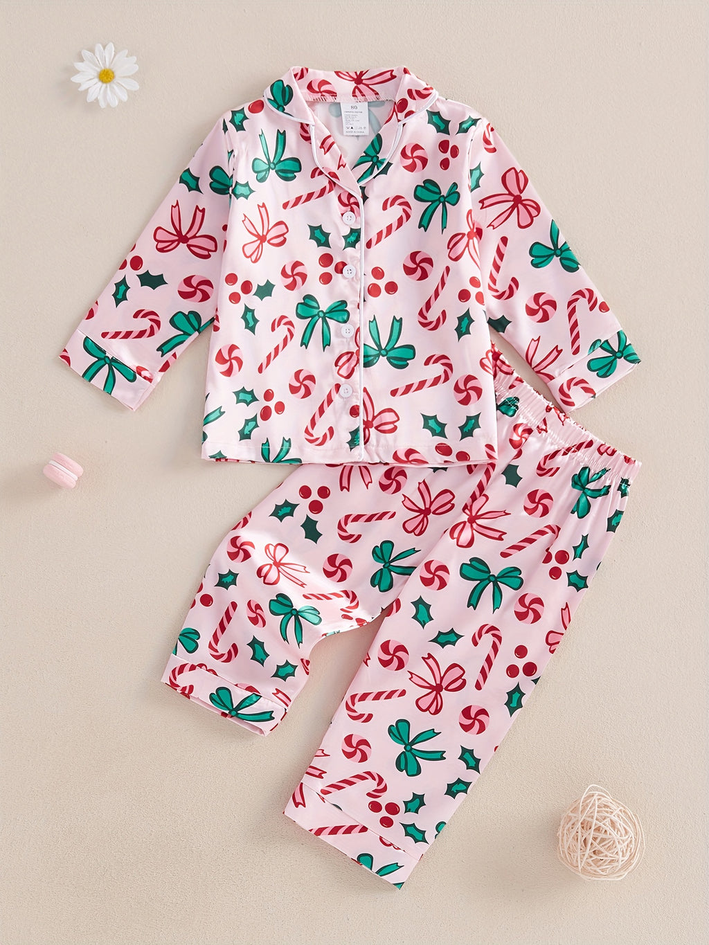 Girl Christmas Pajama Sets Bow/Candy Cane Print Lapel Neck Button-up Tops Long Pant Loungewear