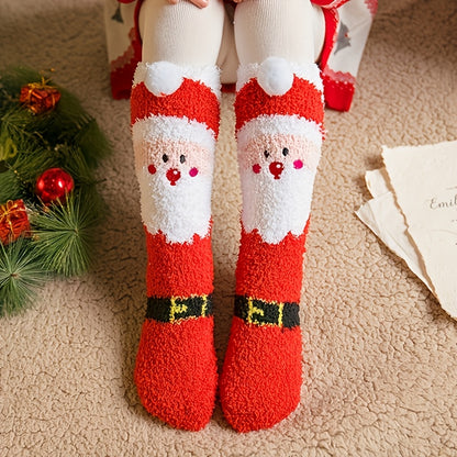 3 Pairs Cozy Christmas Socks for Women - Warm Mid-Calf Santa & Reindeer Design, Soft Plush Material, Perfect for Winter Holidays.