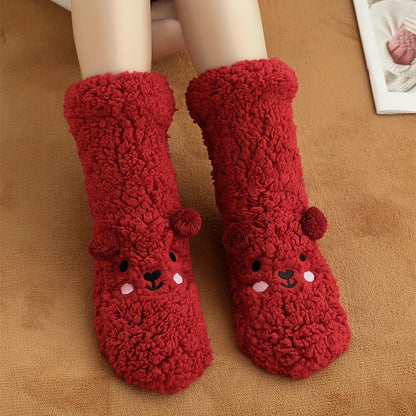 Cozy Coral Fleece Winter Socks for Women - Cute Cartoon Design, Non-Slip Floor Grip, Plus Size Sleeping & Fuzzy Mid-Calf Socks.