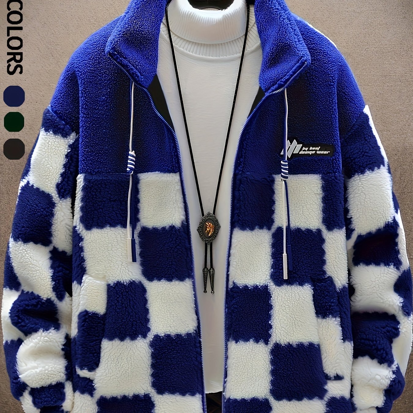 [Plush Winter Coat] Blue & White Plush Checkered Winter Coat | Men's Loose Fit, Stand Collar, Zip-Up Jacket with Drawstring Hood, Casual Style for Fall/Winter