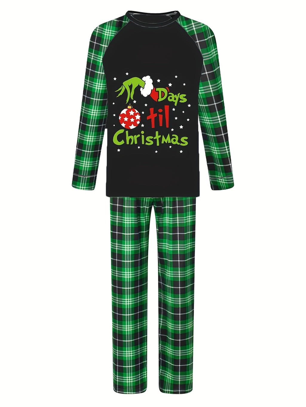 Long Sleeve Plaid Men'S Christmas Pajama Set, Elastic Waist, Cartoon Print, Party Style, Knit Polyester Fabric, Home Loungewear