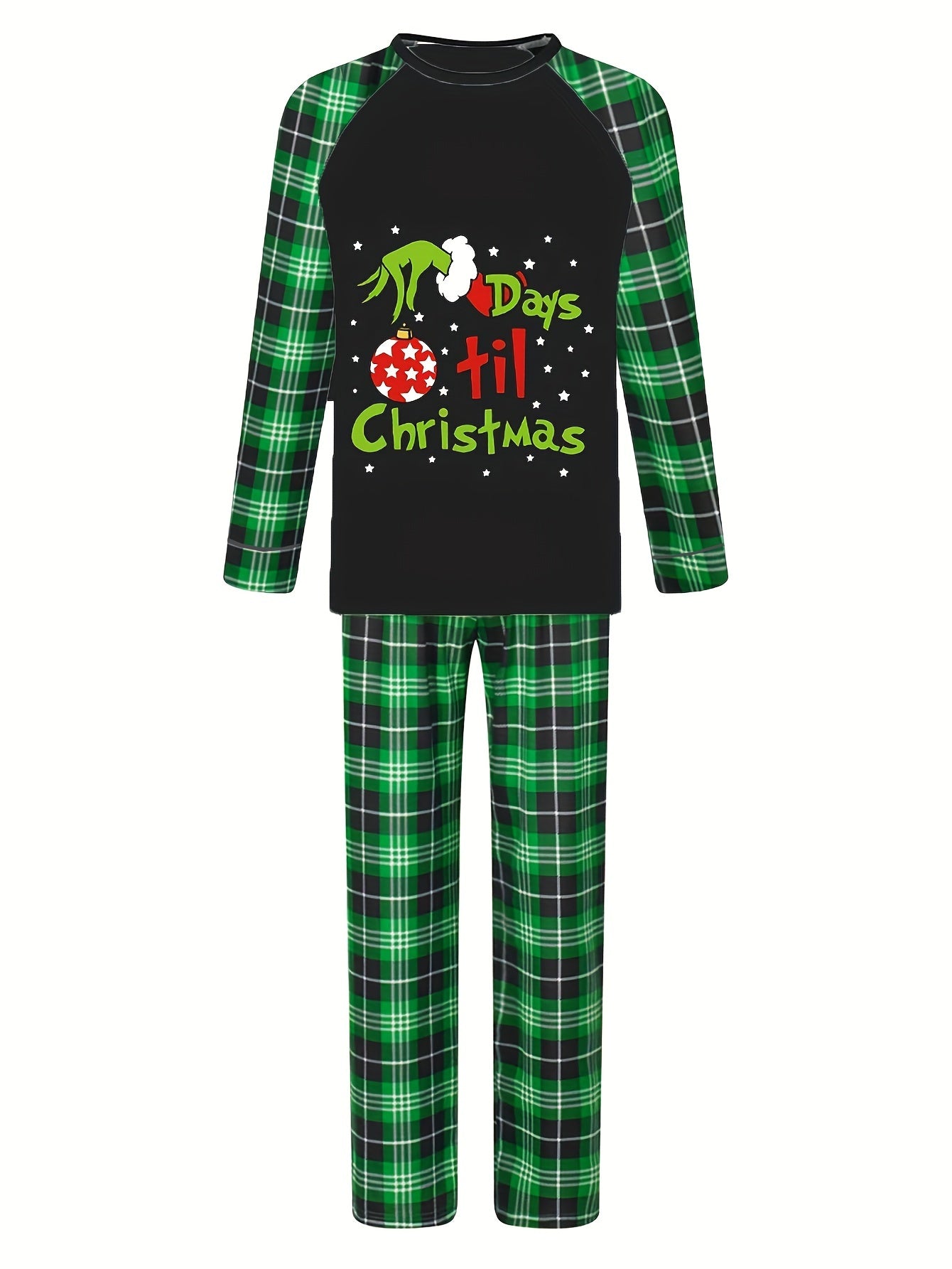Long Sleeve Plaid Men'S Christmas Pajama Set, Elastic Waist, Cartoon Print, Party Style, Knit Polyester Fabric, Home Loungewear
