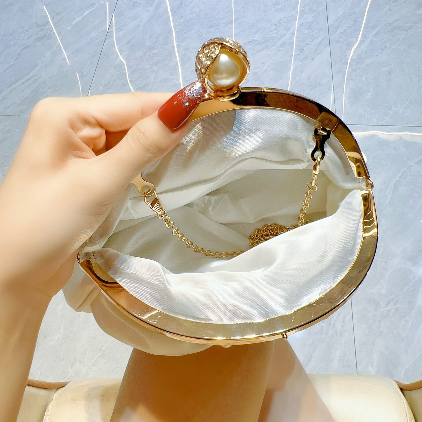 Elegant White Mini Clutch with Golden Rhinestone Crown, Removable Shoulder Strap, and Pearl Accents - Perfect for Evening Parties, Banquets, and Special Occasions, Ladies' Handbag