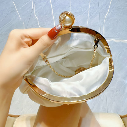 Elegant White Mini Clutch with Golden Rhinestone Crown, Removable Shoulder Strap, and Pearl Accents - Perfect for Evening Parties, Banquets, and Special Occasions, Ladies' Handbag