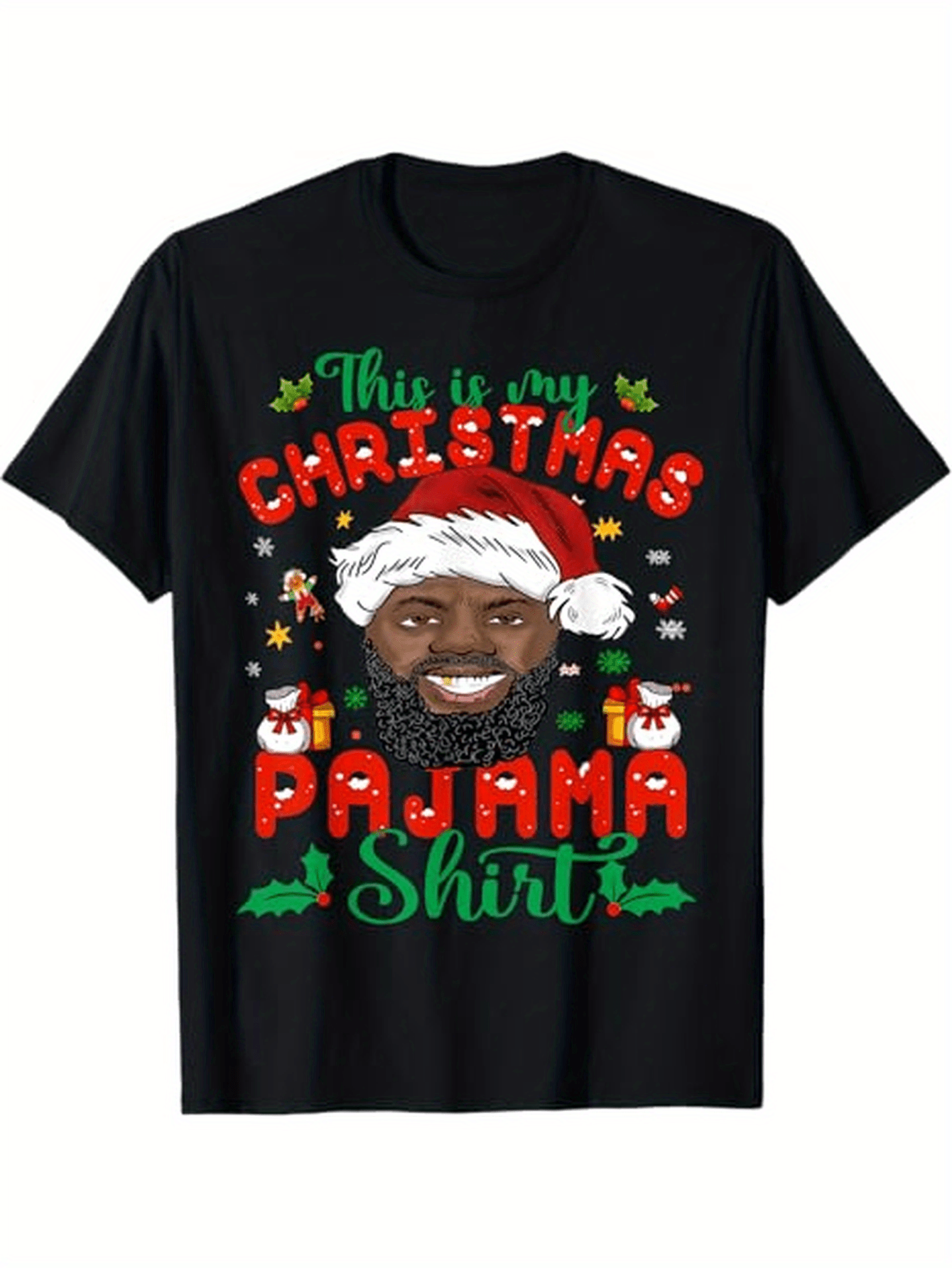 African American Santa Claus Christmas Pajama Shirt Men Themed T-Shirt. Suitable as a Christmas gift for men. 100% cotton black T-shirt. S-XXXL.