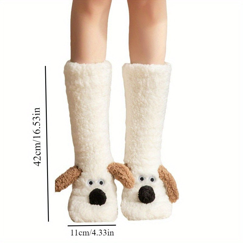 Warm & Soft Plush Cozy Cartoon Dog Winter Socks - Non-Slip Floor Slipper Socks with Cute Animal Designs for Home Use, Autumn, Winter.