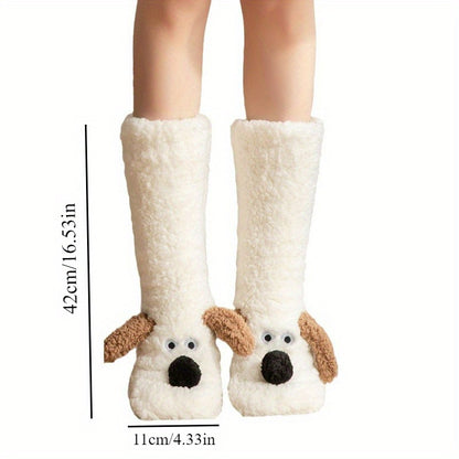 Warm & Soft Plush Cozy Cartoon Dog Winter Socks - Non-Slip Floor Slipper Socks with Cute Animal Designs for Home Use, Autumn, Winter.