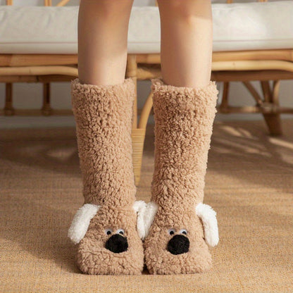 Warm & Soft Plush Cozy Cartoon Dog Winter Socks - Non-Slip Floor Slipper Socks with Cute Animal Designs for Home Use, Autumn, Winter.
