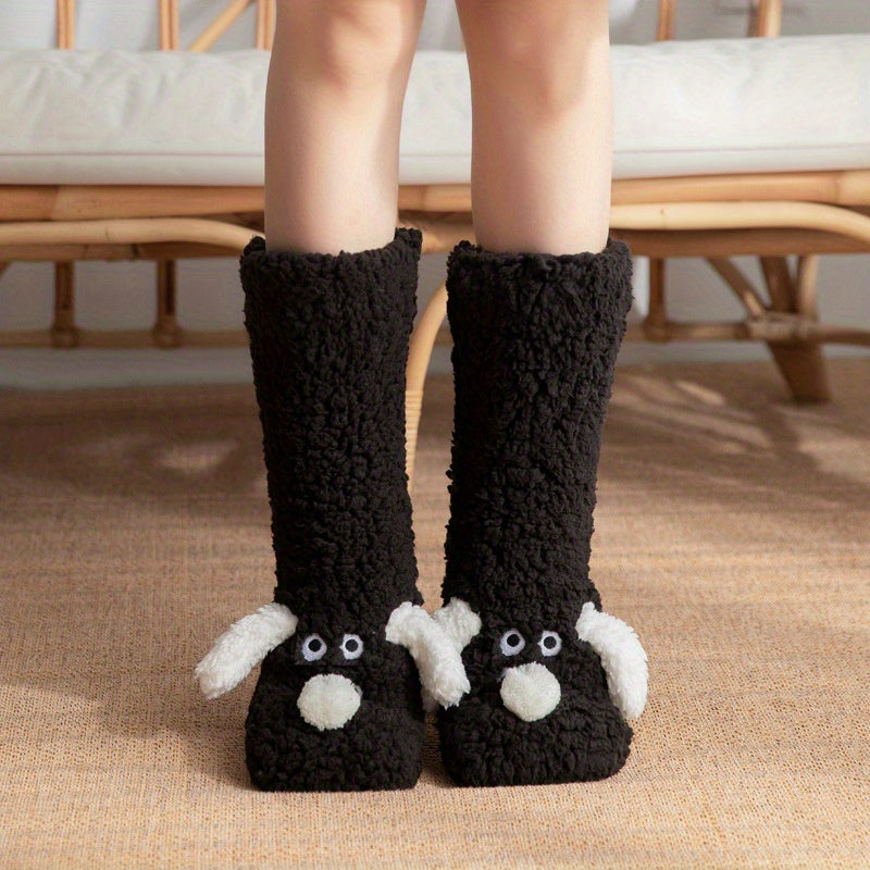 Warm & Soft Plush Cozy Cartoon Dog Winter Socks - Non-Slip Floor Slipper Socks with Cute Animal Designs for Home Use, Autumn, Winter.
