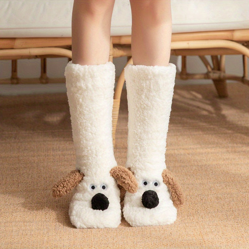 Warm & Soft Plush Cozy Cartoon Dog Winter Socks - Non-Slip Floor Slipper Socks with Cute Animal Designs for Home Use, Autumn, Winter.