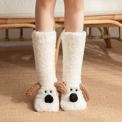 Warm & Soft Plush Cozy Cartoon Dog Winter Socks - Non-Slip Floor Slipper Socks with Cute Animal Designs for Home Use, Autumn, Winter.