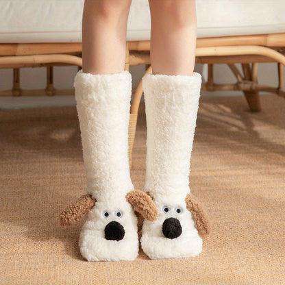 Warm & Soft Plush Cozy Cartoon Dog Winter Socks - Non-Slip Floor Slipper Socks with Cute Animal Designs for Home Use, Autumn, Winter.