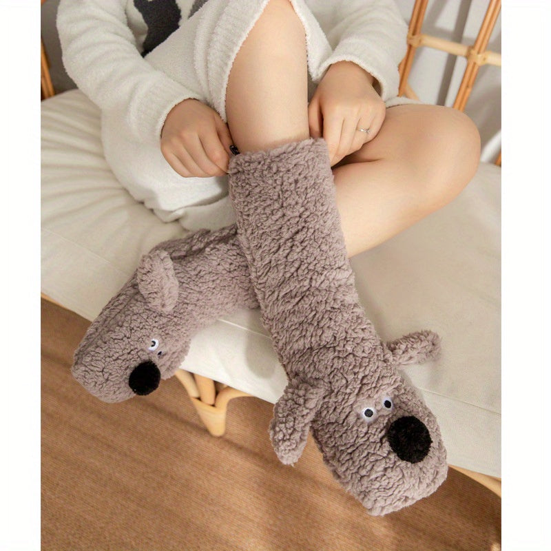 Warm & Soft Plush Cozy Cartoon Dog Winter Socks - Non-Slip Floor Slipper Socks with Cute Animal Designs for Home Use, Autumn, Winter.