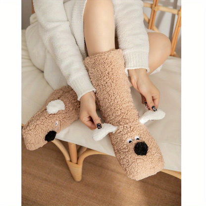 Warm & Soft Plush Cozy Cartoon Dog Winter Socks - Non-Slip Floor Slipper Socks with Cute Animal Designs for Home Use, Autumn, Winter.