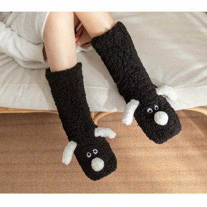 Warm & Soft Plush Cozy Cartoon Dog Winter Socks - Non-Slip Floor Slipper Socks with Cute Animal Designs for Home Use, Autumn, Winter.