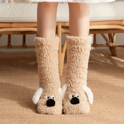 Warm & Soft Plush Cozy Cartoon Dog Winter Socks - Non-Slip Floor Slipper Socks with Cute Animal Designs for Home Use, Autumn, Winter.