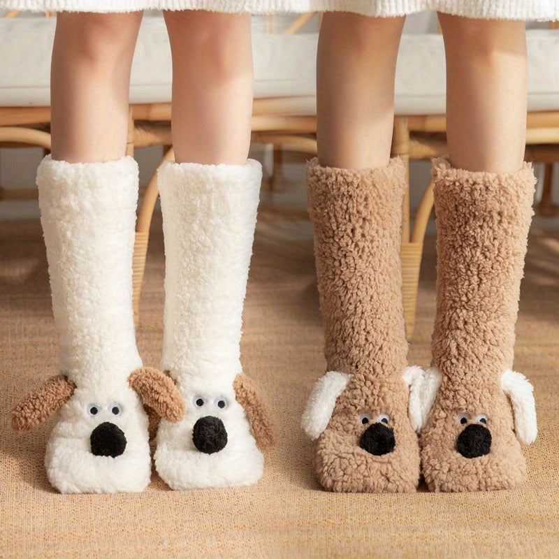 Warm & Soft Plush Cozy Cartoon Dog Winter Socks - Non-Slip Floor Slipper Socks with Cute Animal Designs for Home Use, Autumn, Winter.