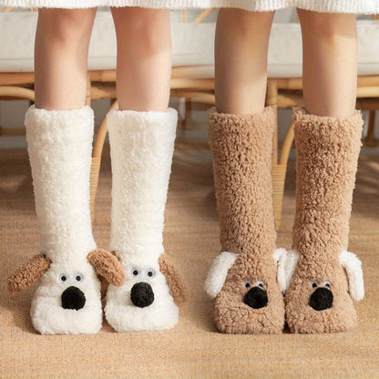 Warm & Soft Plush Cozy Cartoon Dog Winter Socks - Non-Slip Floor Slipper Socks with Cute Animal Designs for Home Use, Autumn, Winter.