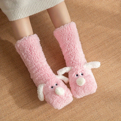 Warm & Soft Plush Cozy Cartoon Dog Winter Socks - Non-Slip Floor Slipper Socks with Cute Animal Designs for Home Use, Autumn, Winter.