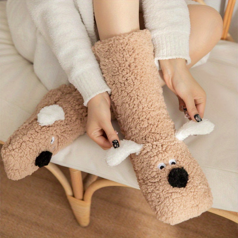 Warm & Soft Plush Cozy Cartoon Dog Winter Socks - Non-Slip Floor Slipper Socks with Cute Animal Designs for Home Use, Autumn, Winter.