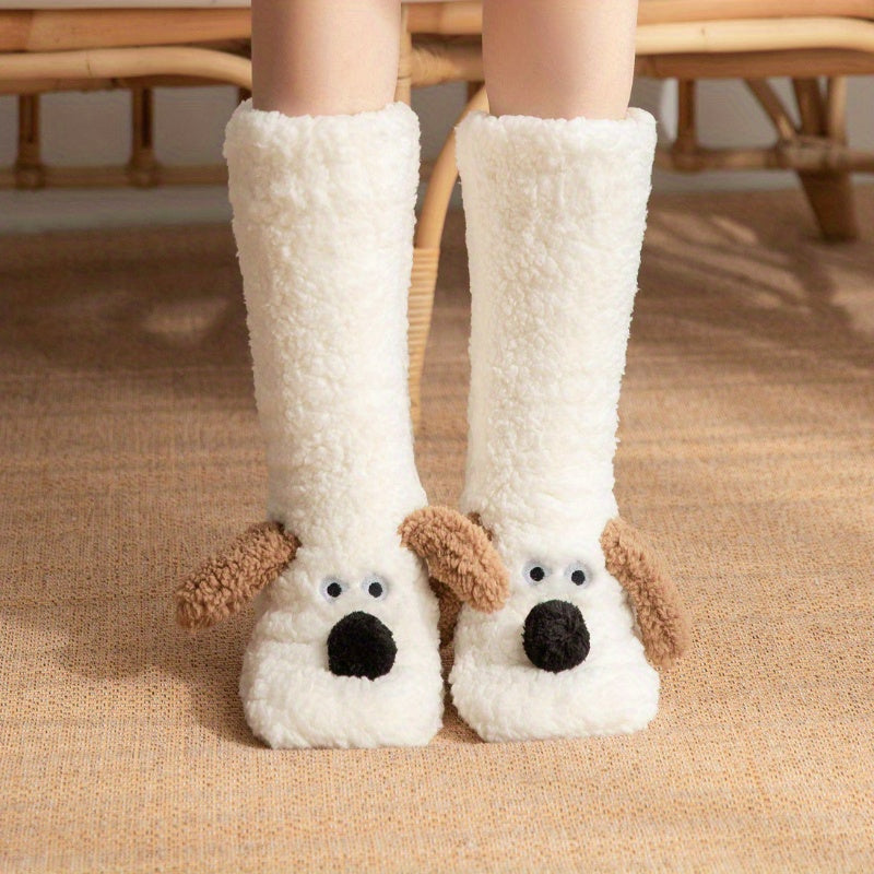 Warm & Soft Plush Cozy Cartoon Dog Winter Socks - Non-Slip Floor Slipper Socks with Cute Animal Designs for Home Use, Autumn, Winter.