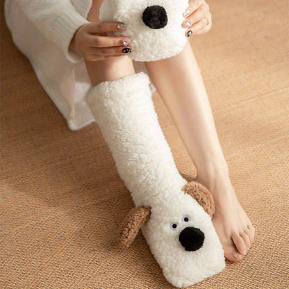 Warm & Soft Plush Cozy Cartoon Dog Winter Socks - Non-Slip Floor Slipper Socks with Cute Animal Designs for Home Use, Autumn, Winter.