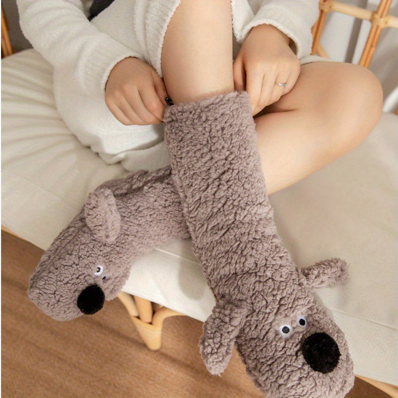 Warm & Soft Plush Cozy Cartoon Dog Winter Socks - Non-Slip Floor Slipper Socks with Cute Animal Designs for Home Use, Autumn, Winter.