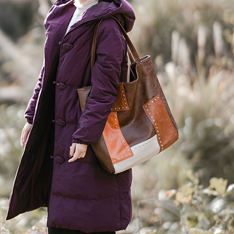 Vintage-Inspired Patchwork Tote Handbag - Colorblock Design, Retro Style, Spacious Interior, Durable Shoulder Straps, and Magnetic Closure - Unique, Handcrafted, and Perfect for Daily Use