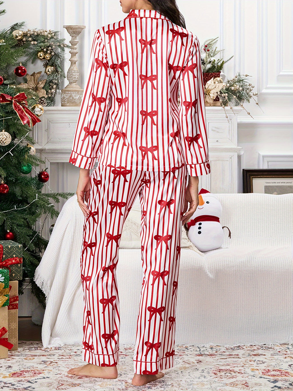 Womens 2 Piece Christmas Pajama Set Long Sleeve Stripes Print Button Up Shirt + Pants Set Loungewear