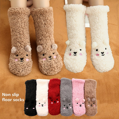 Cozy Coral Fleece Winter Socks for Women - Cute Cartoon Design, Non-Slip Floor Grip, Plus Size Sleeping & Fuzzy Mid-Calf Socks.