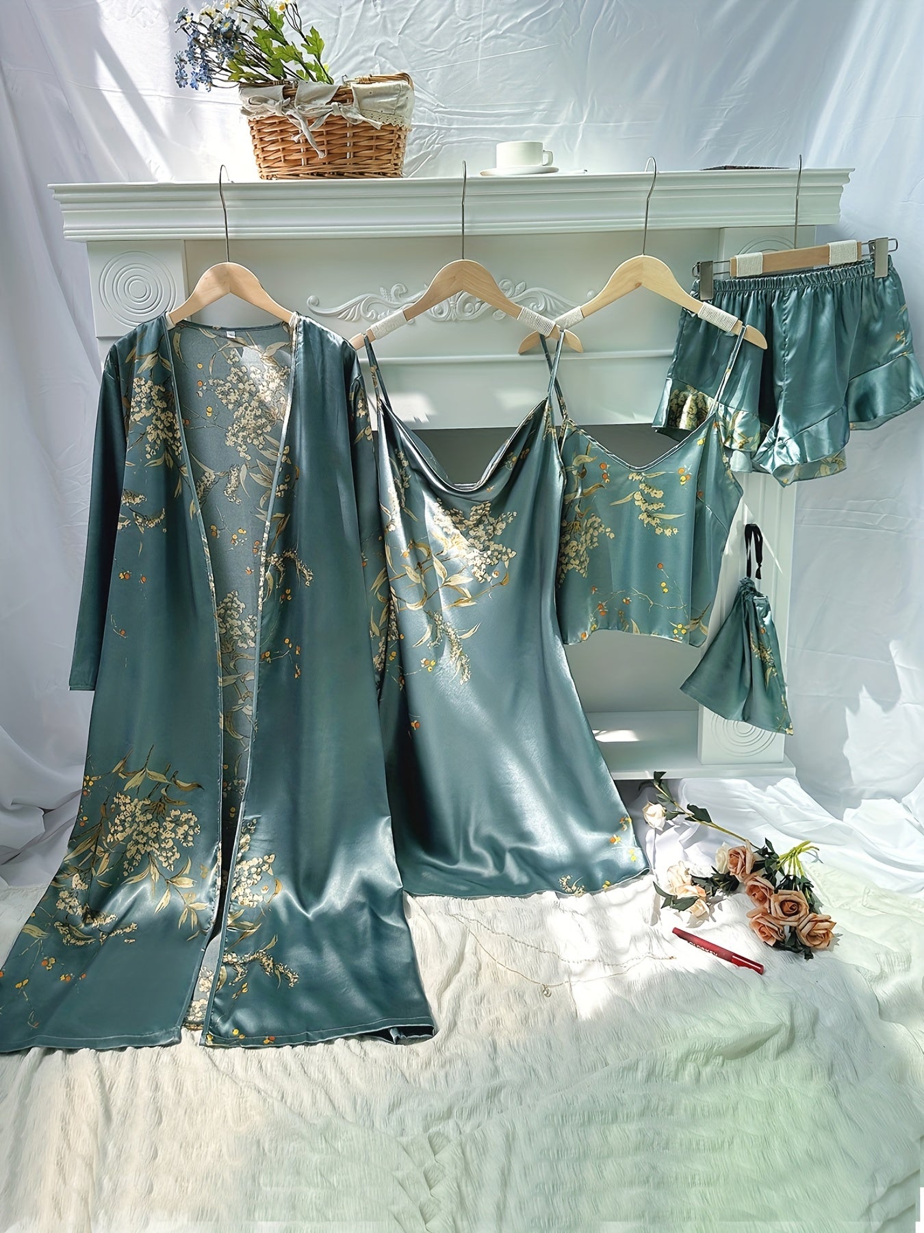 Autumn Winter Women's Printed Pajamas - Thin Sleepwear Set with Suspender Shorts & Skirt, Little Cherry Design